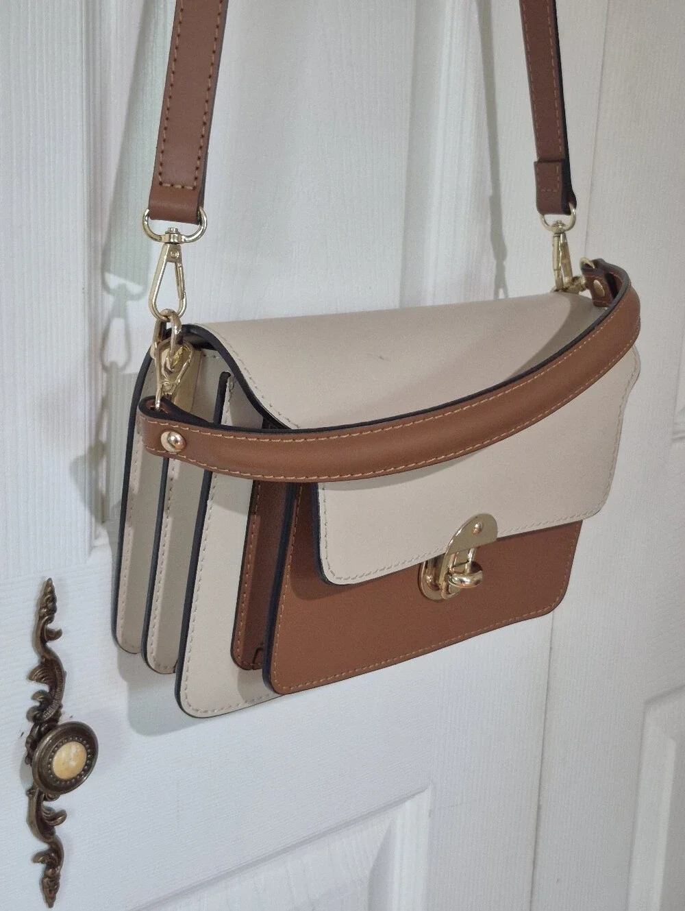 Isadora Italian Leather Satchel With Crossbody Stap Cream And Brown